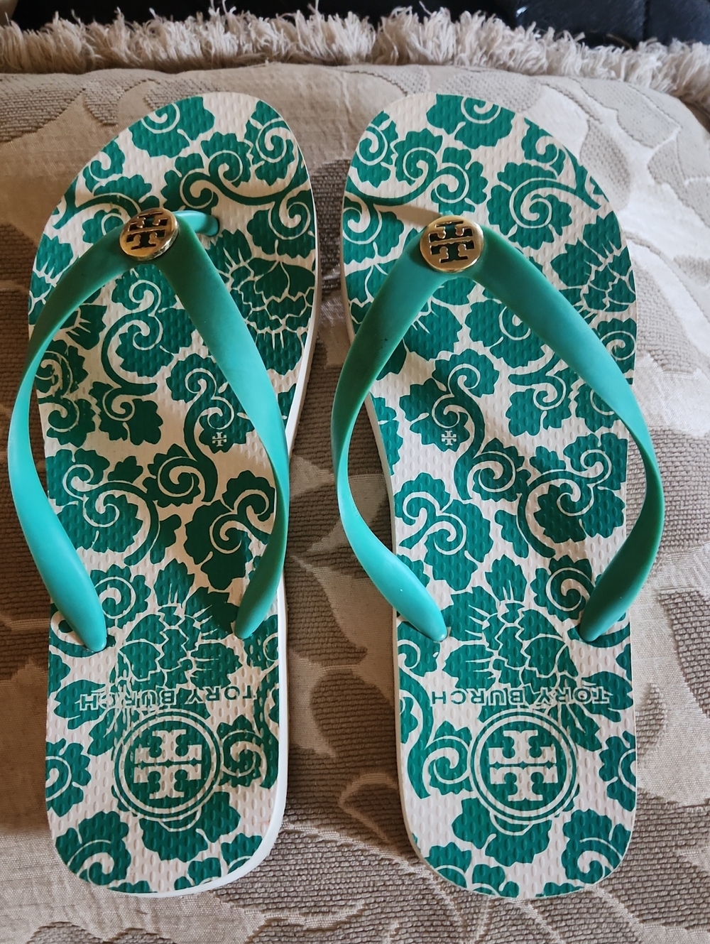 Tory Burch Teal Patterned Flip Flop Sandals